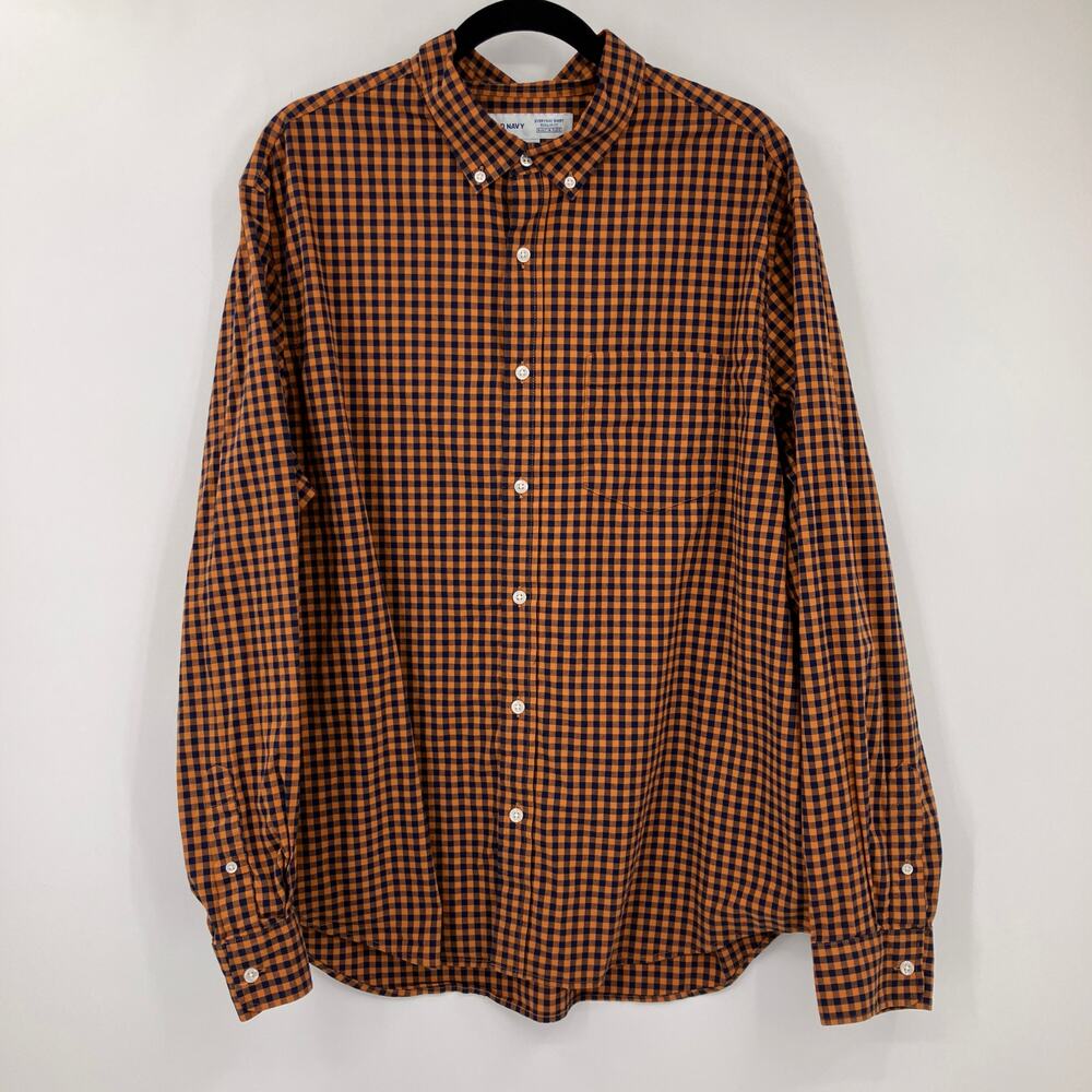 Old Navy Blue Orange Gingham Plaid Built-In Flex Regular Fit Everyday Shirt Top
